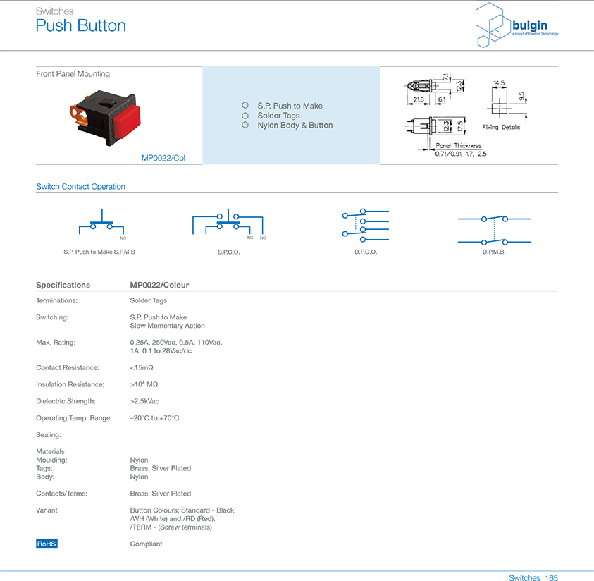8300系列矩形按鈕開關技術參數