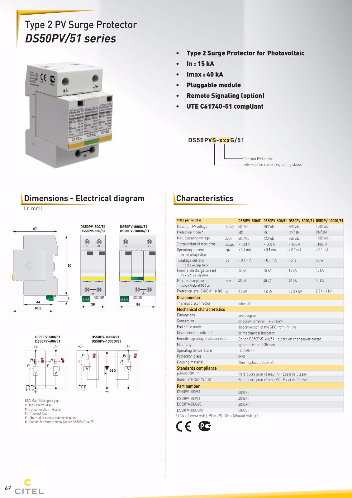 直流防雷器DS50PV-XXG-51系列技術參數