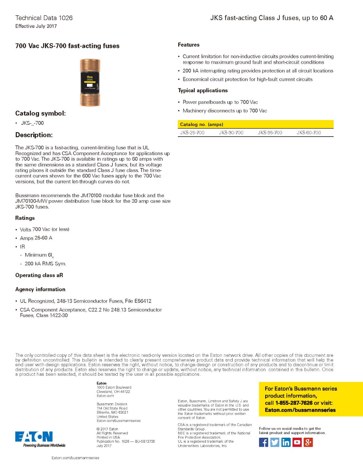 JKS系列熔斷器參數(shù)